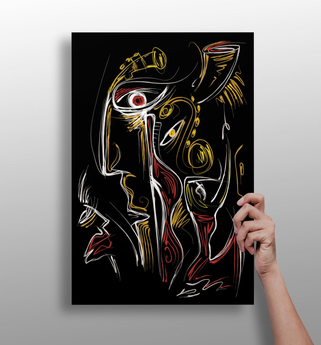 Gold Red Line Sketch Faces Black Aluminum Print