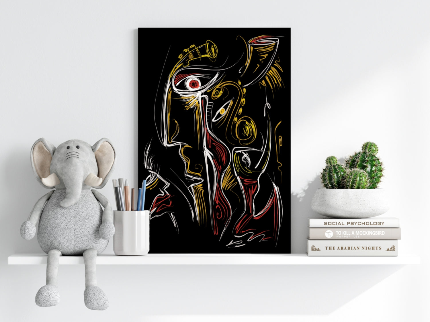 Gold Red Line Sketch Faces Black Aluminum Print