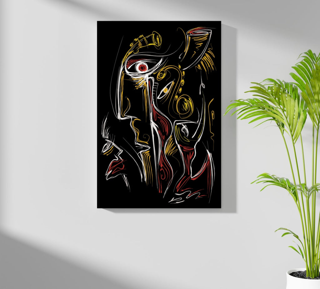 Gold Red Line Sketch Faces Black Aluminum Print