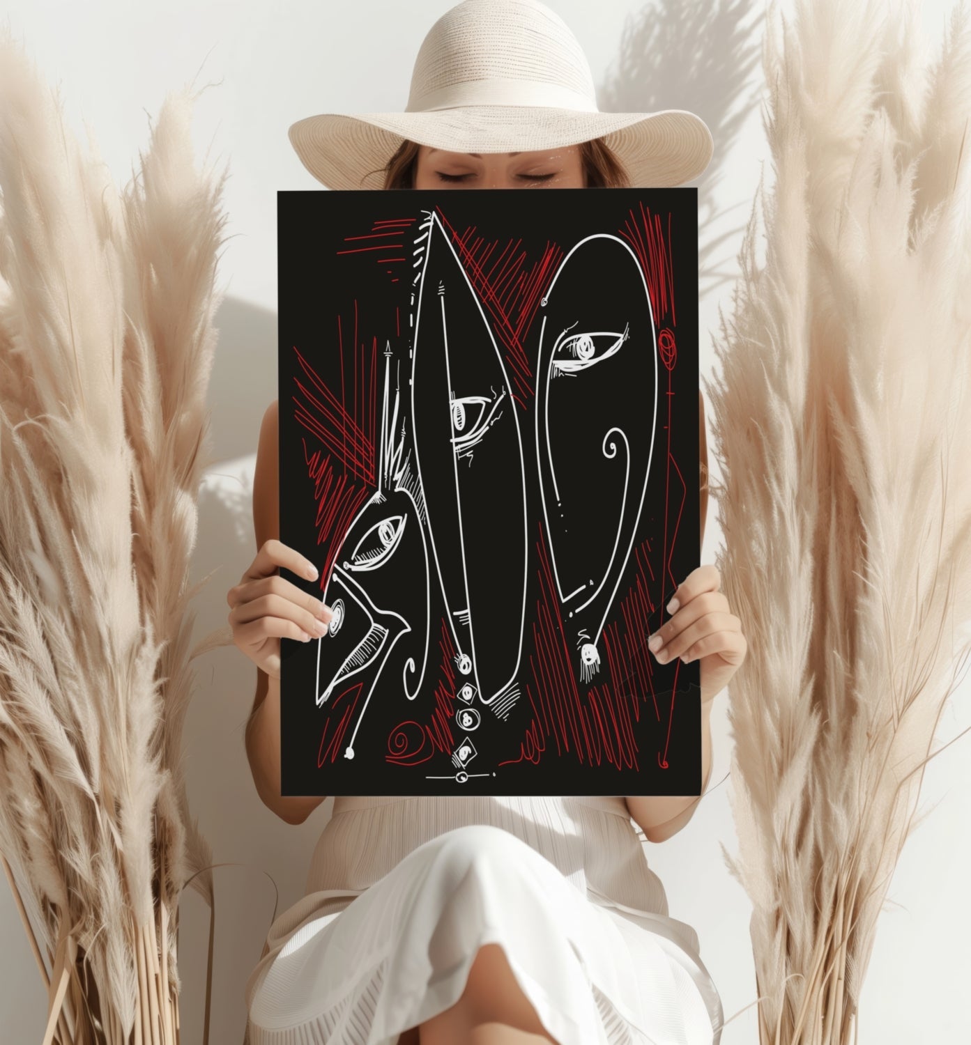 White Red Outline Mask Faces Aluminum Print