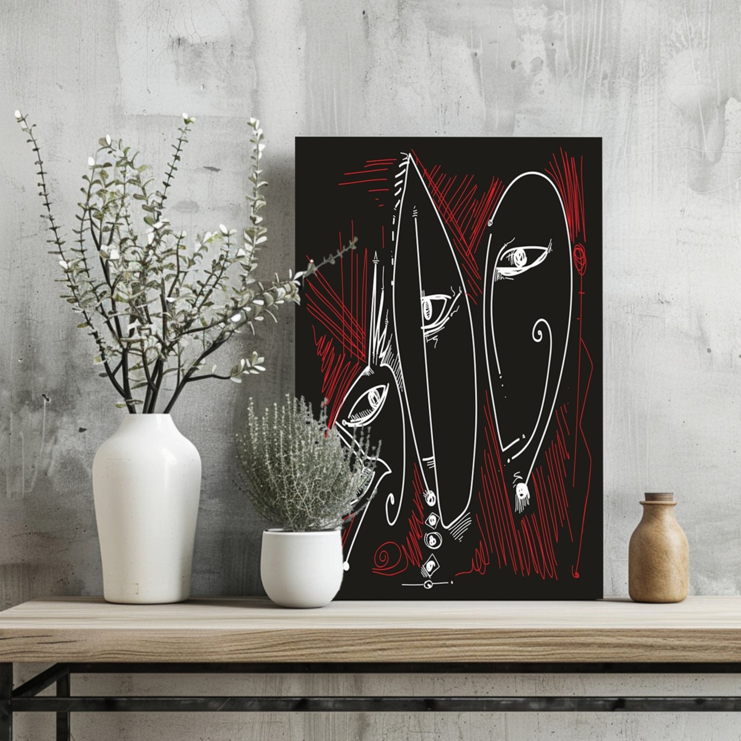 White Red Outline Mask Faces Aluminum Print