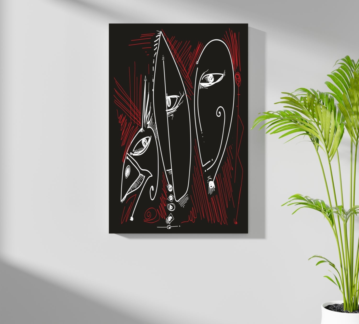 White Red Outline Mask Faces Aluminum Print