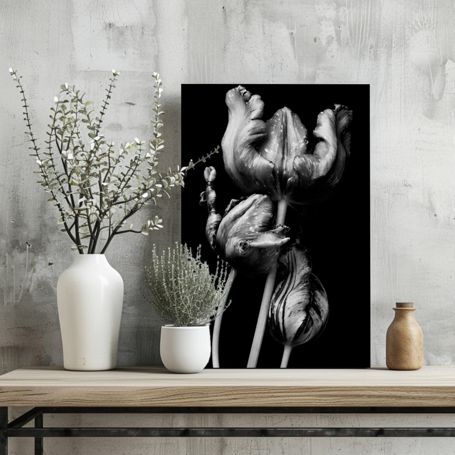 Silver Parrot Tulips Noir Aluminum Print