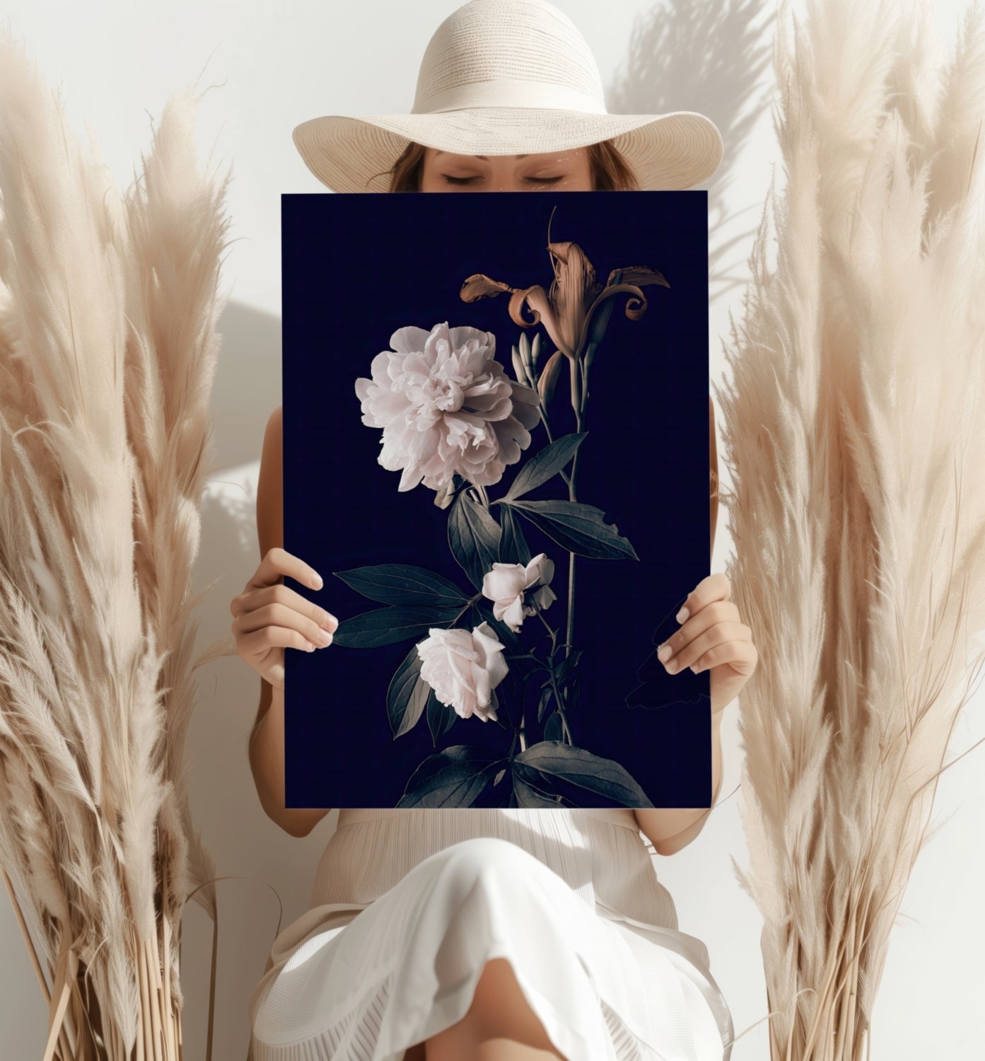White Peony Navy Backdrop Aluminum Print