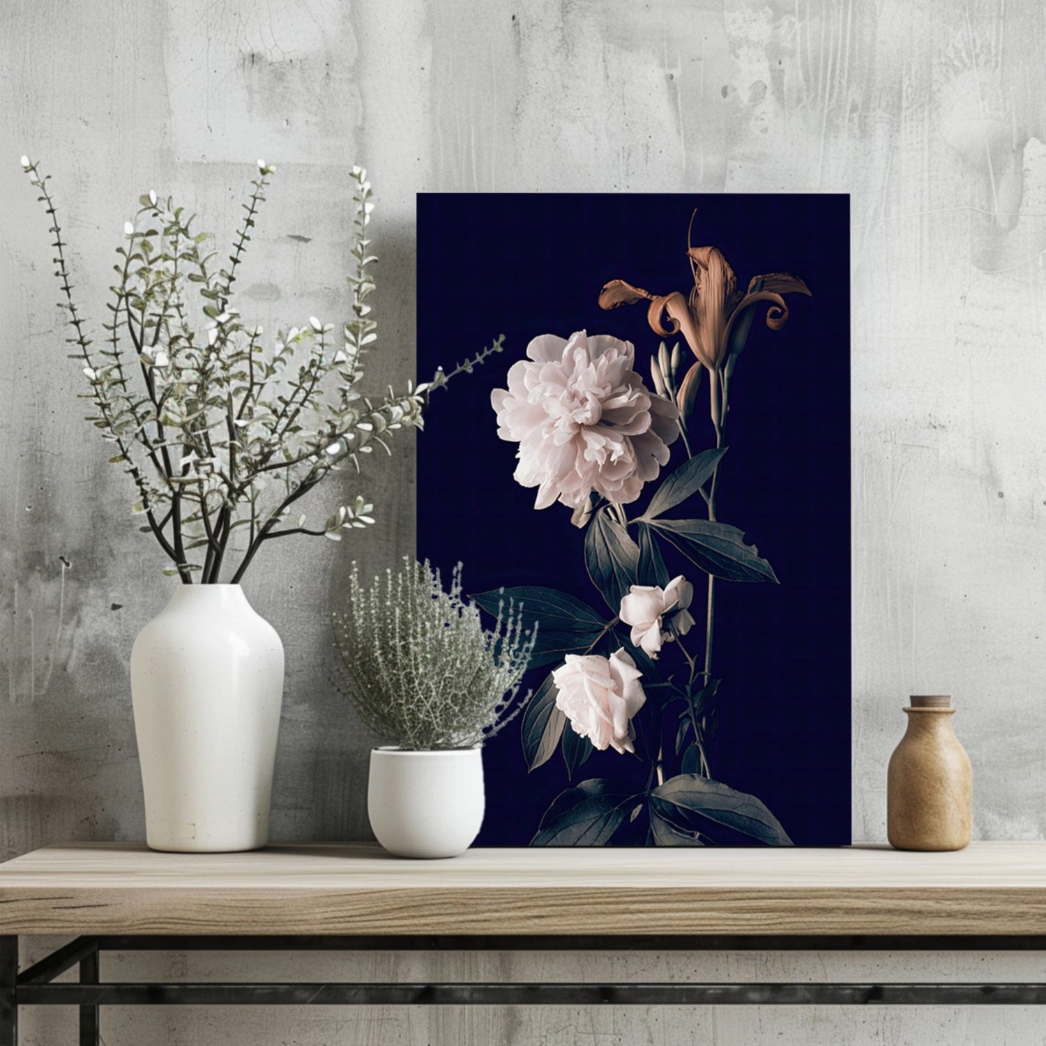 White Peony Navy Backdrop Aluminum Print