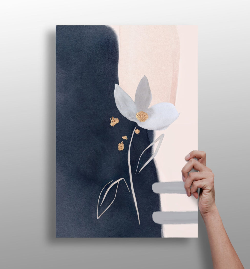 Navy and Blush Gold Leaf Bloom Abstract Flower Aluminum Print