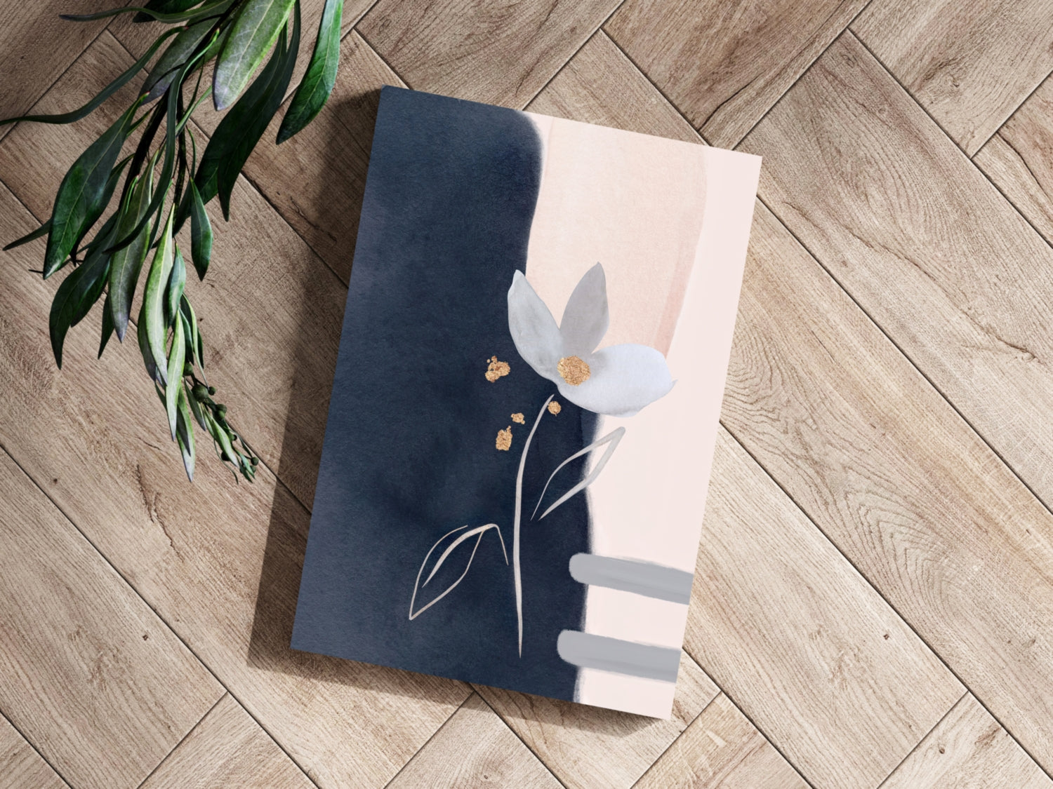 Navy and Blush Gold Leaf Bloom Abstract Flower Aluminum Print