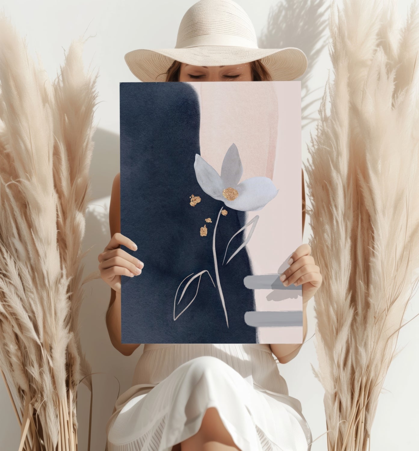 Navy and Blush Gold Leaf Bloom Abstract Flower Aluminum Print