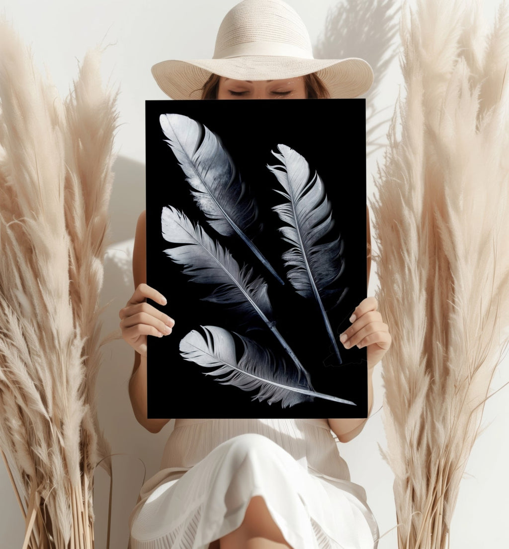 Four Silver Quill Feathers Black Aluminum Print
