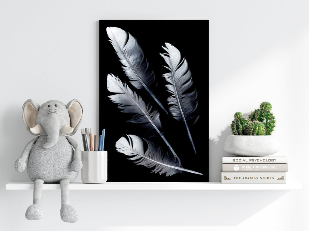 Four Silver Quill Feathers Black Aluminum Print