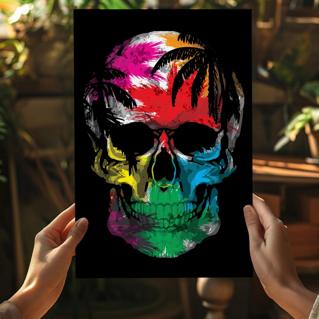 Palm Tree Sunset Silhouette Skull Aluminum Print