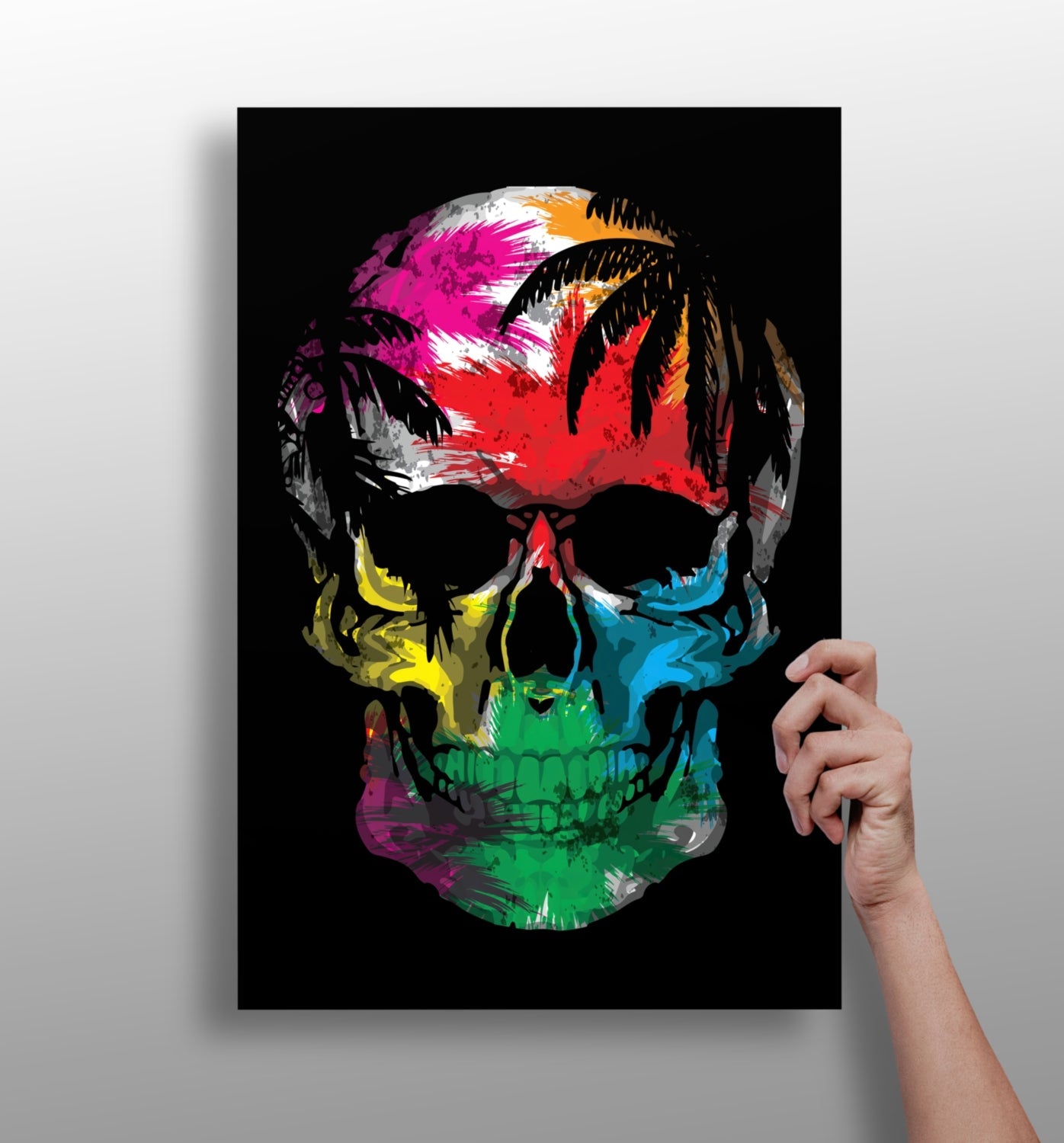 Palm Tree Sunset Silhouette Skull Aluminum Print