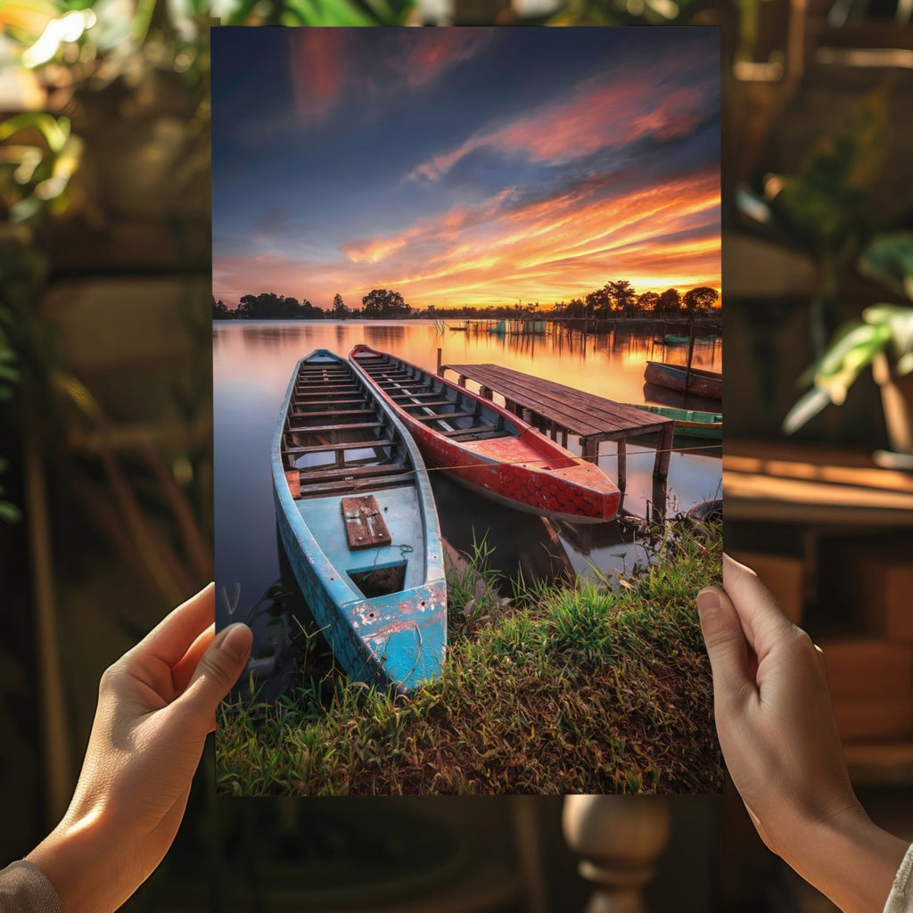 Moored Wooden Boats at Lake Sunset Aluminum Print