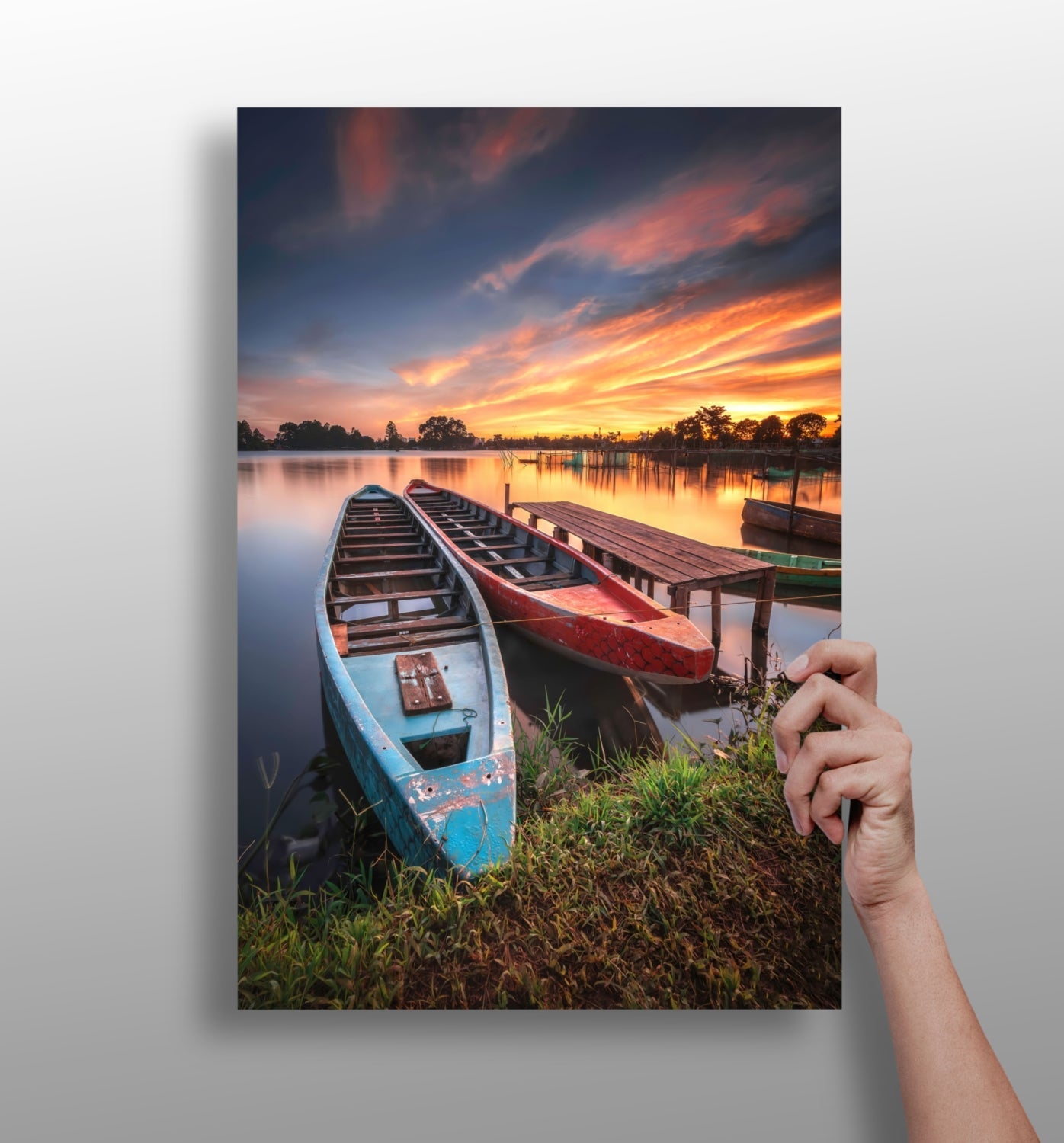 Moored Wooden Boats at Lake Sunset Aluminum Print