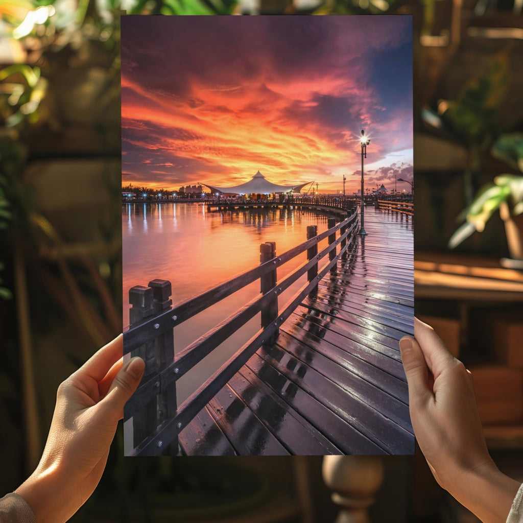 Fiery Sky Waterfront Boardwalk Pier Aluminum Print