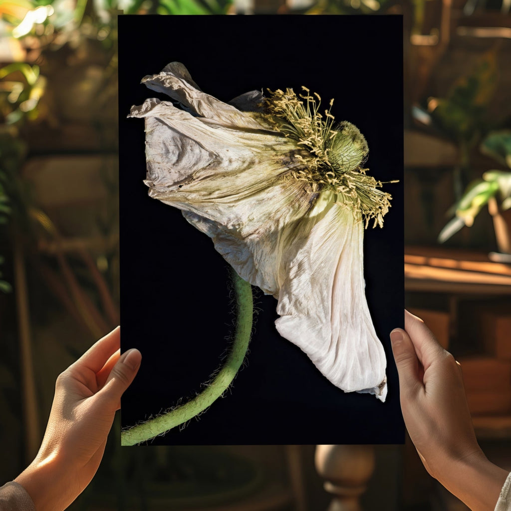 Wilted White Poppy on Black Aluminum Print