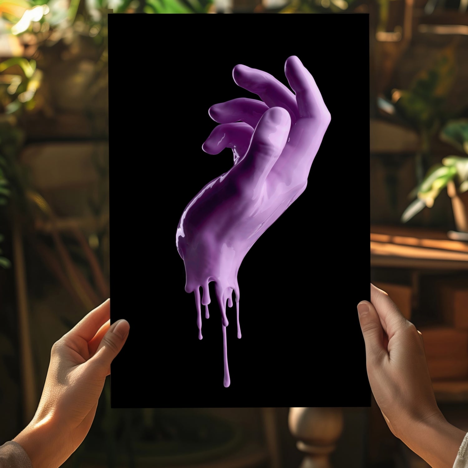Purple Dripping Paint Hand Black Aluminum Print