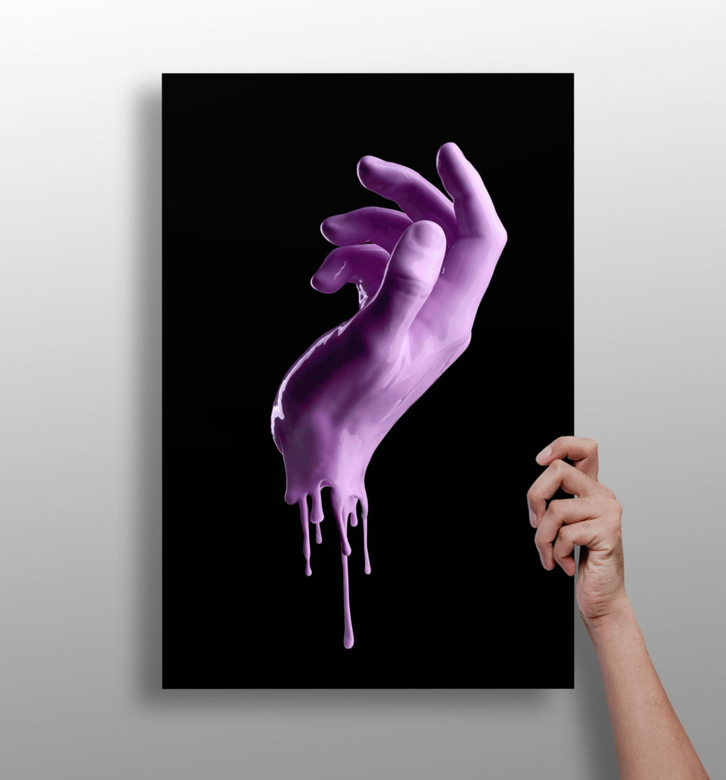 Purple Dripping Paint Hand Black Aluminum Print