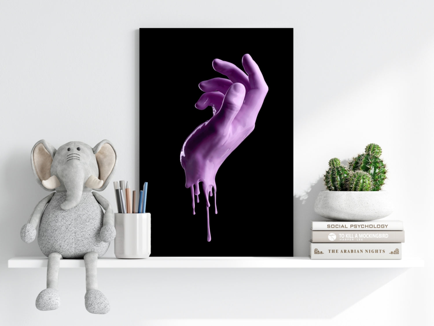 Purple Dripping Paint Hand Black Aluminum Print
