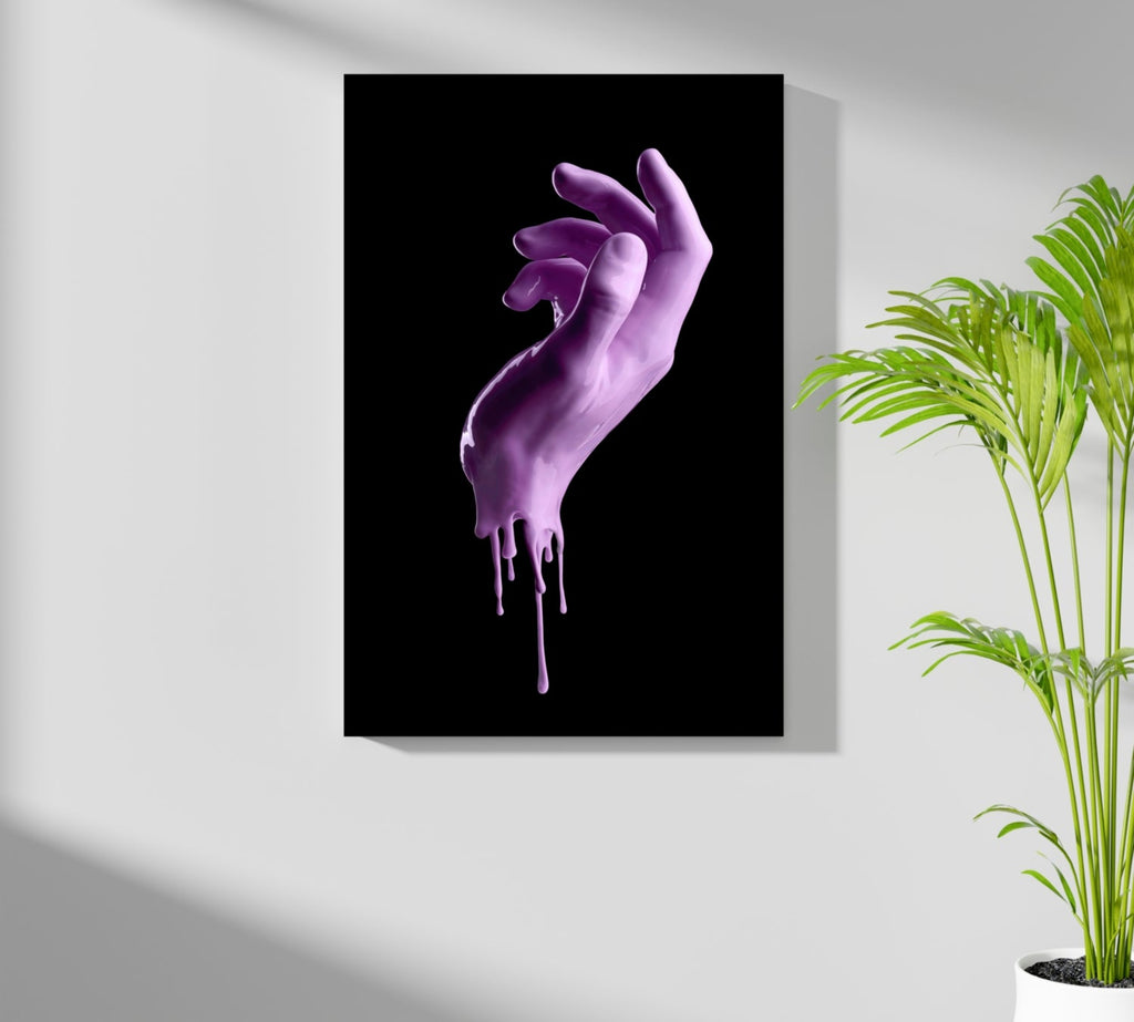 Purple Dripping Paint Hand Black Aluminum Print