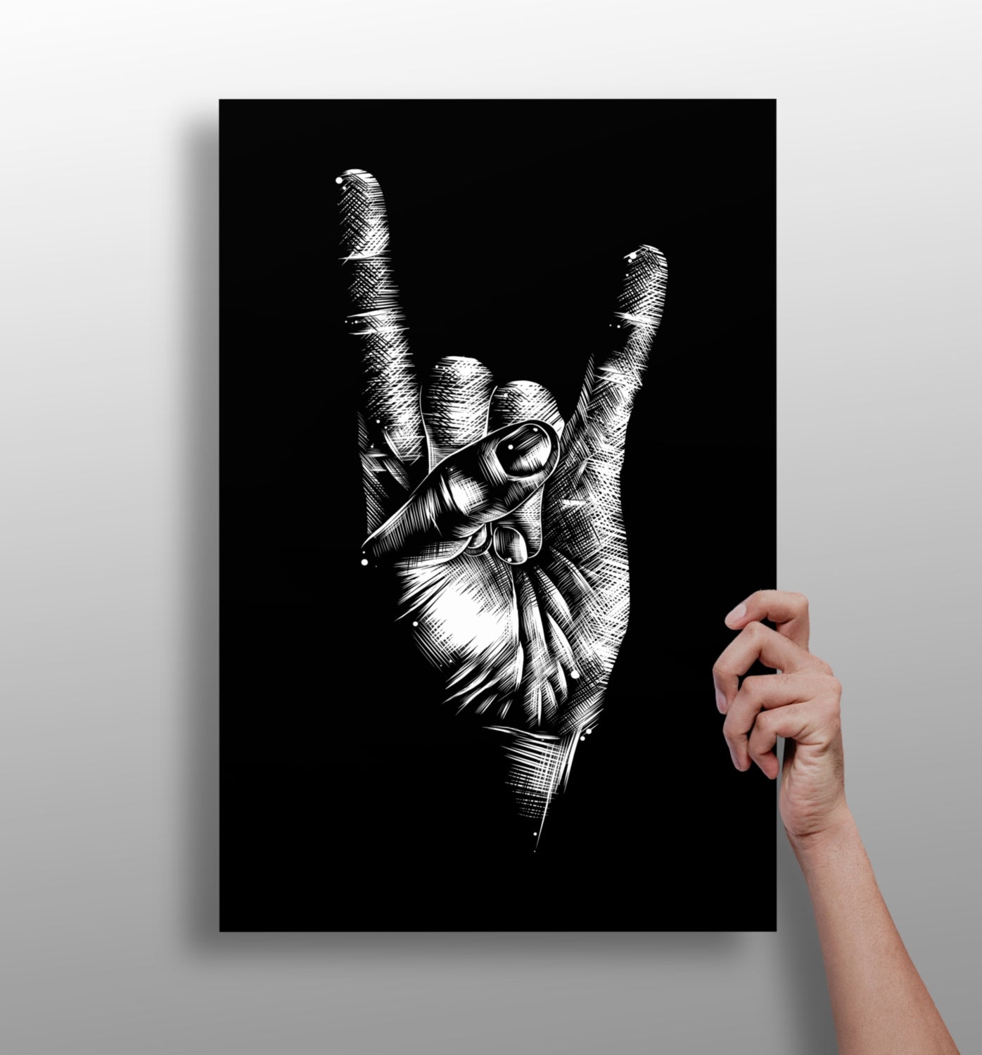 White Sketch Rock Hand Horns On Black Aluminum Print