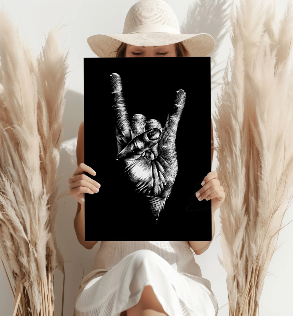 White Sketch Rock Hand Horns On Black Aluminum Print
