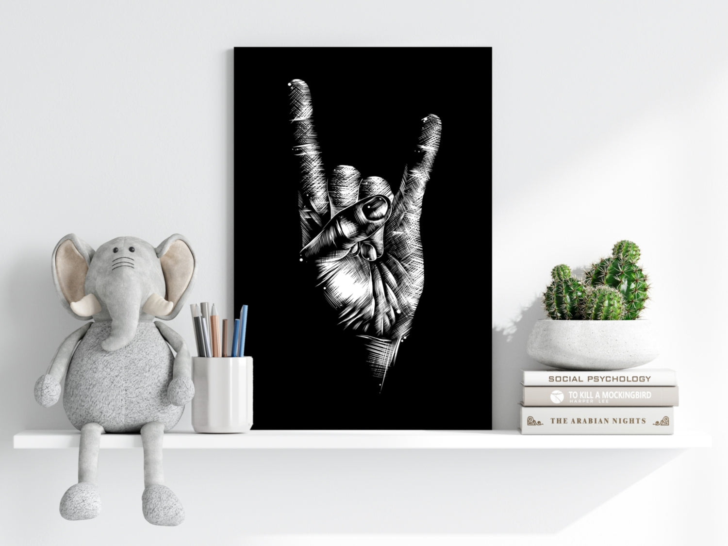 White Sketch Rock Hand Horns On Black Aluminum Print