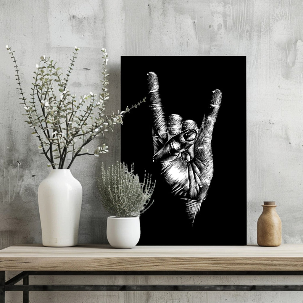 White Sketch Rock Hand Horns On Black Aluminum Print