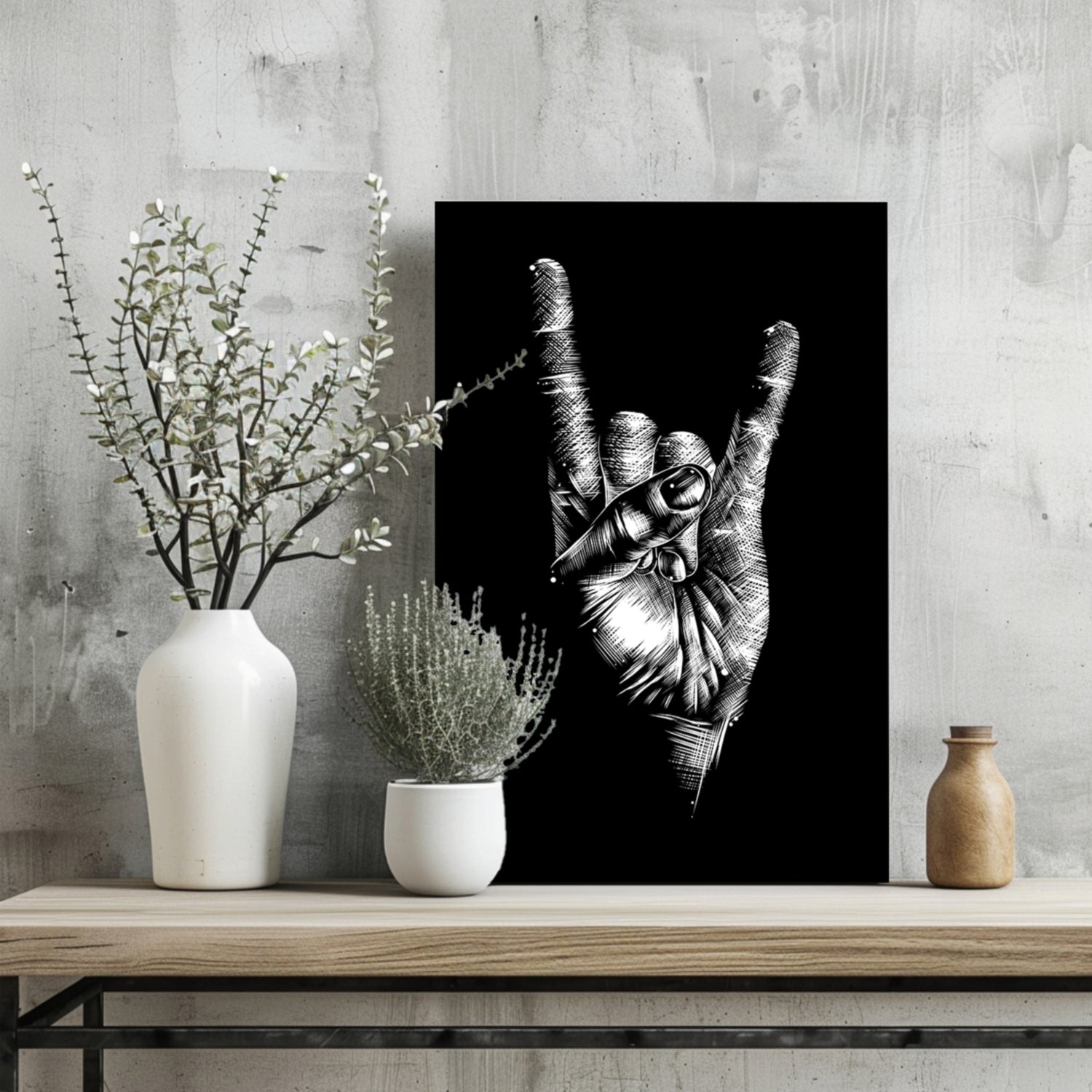 White Sketch Rock Hand Horns On Black Aluminum Print