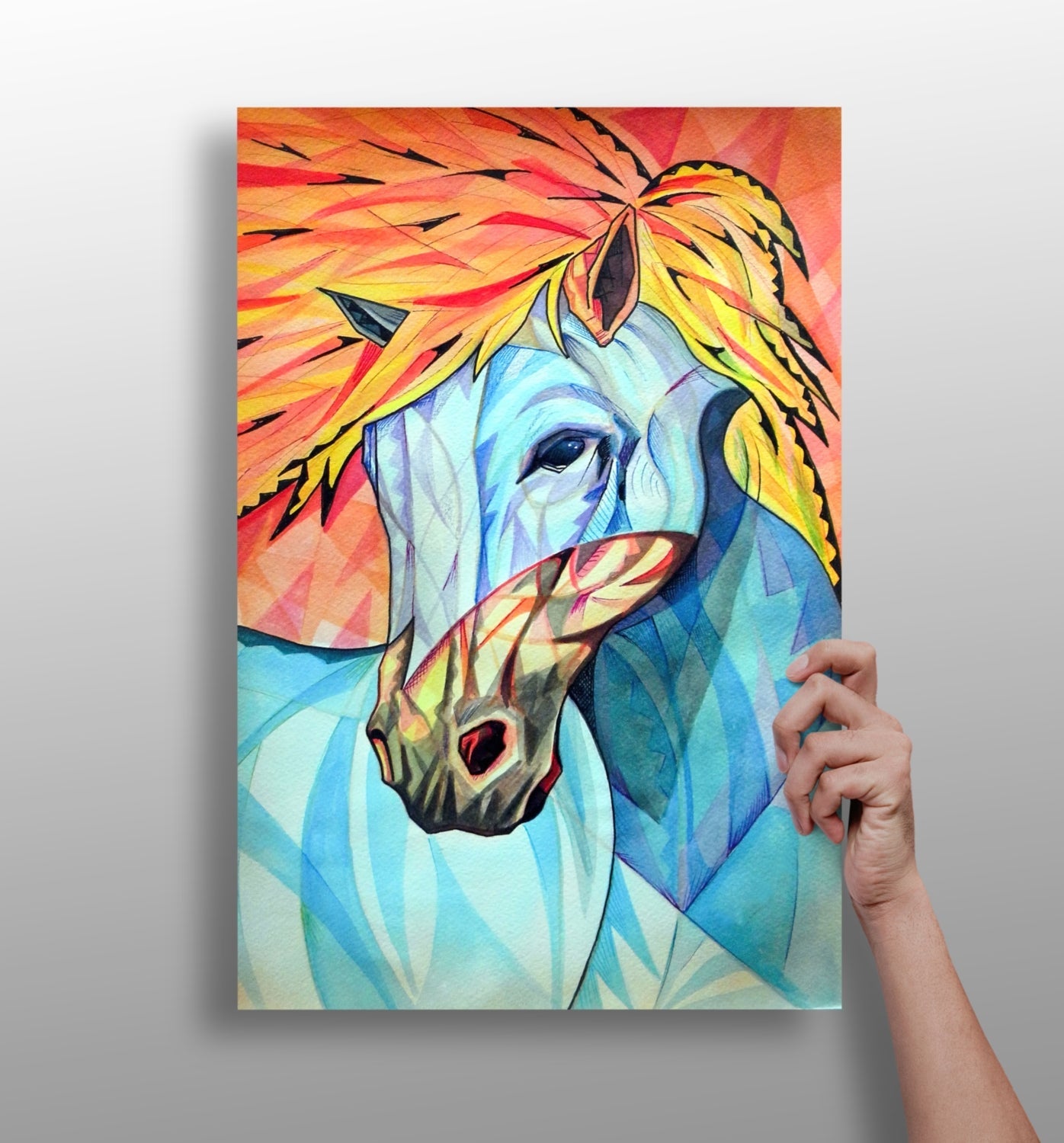 Cubist Fiery Mane Blue Horse Aluminum Print