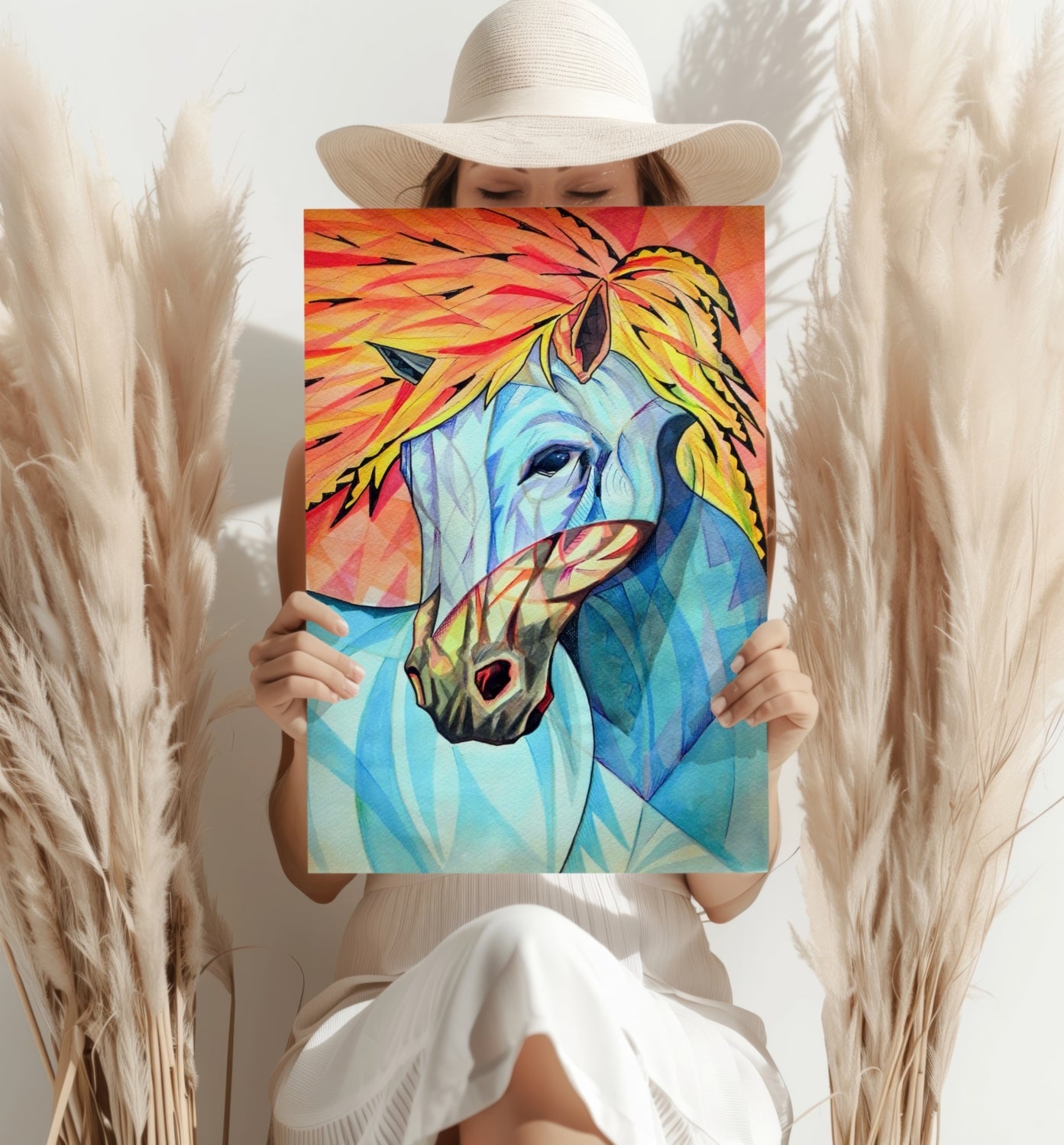 Cubist Fiery Mane Blue Horse Aluminum Print