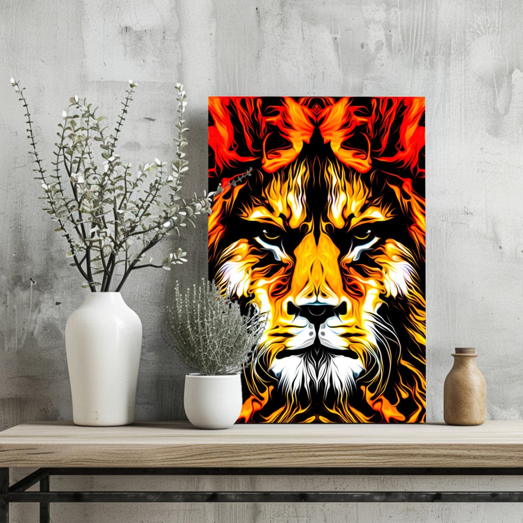 Fiery Flame Lion Face Aluminum Print