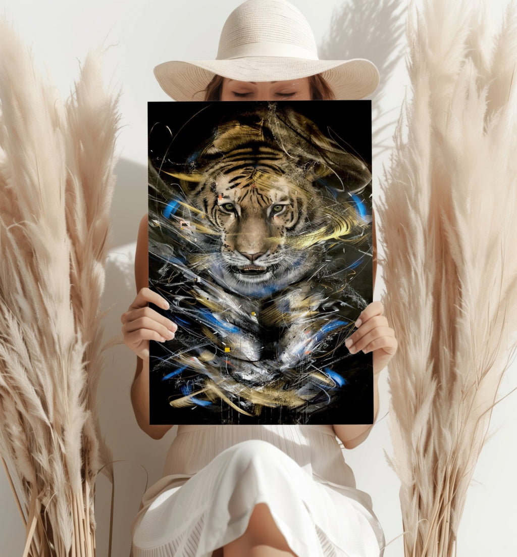 Gold and Blue Brushstroke Tiger Aluminum Print