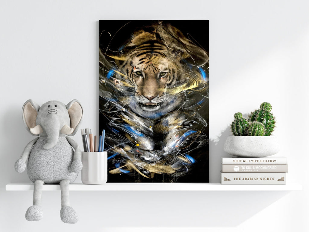 Gold and Blue Brushstroke Tiger Aluminum Print