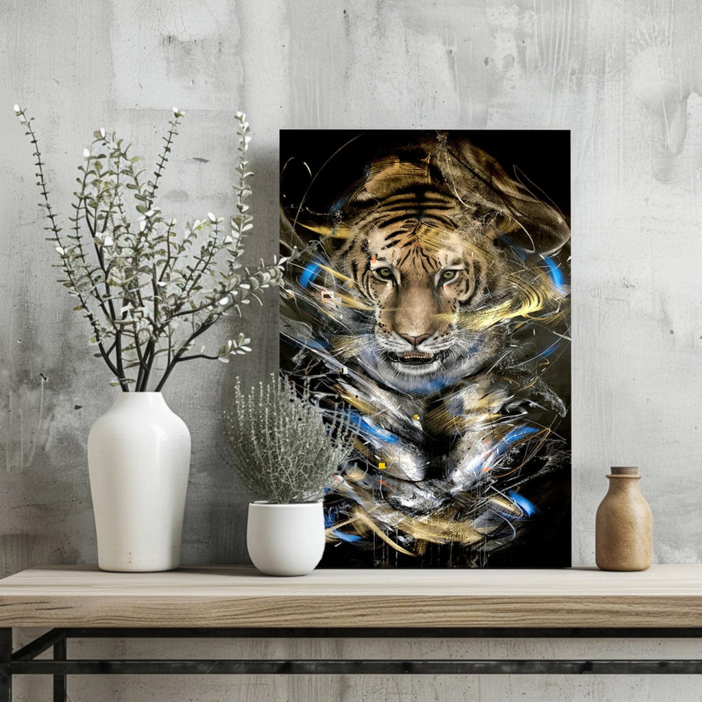 Gold and Blue Brushstroke Tiger Aluminum Print