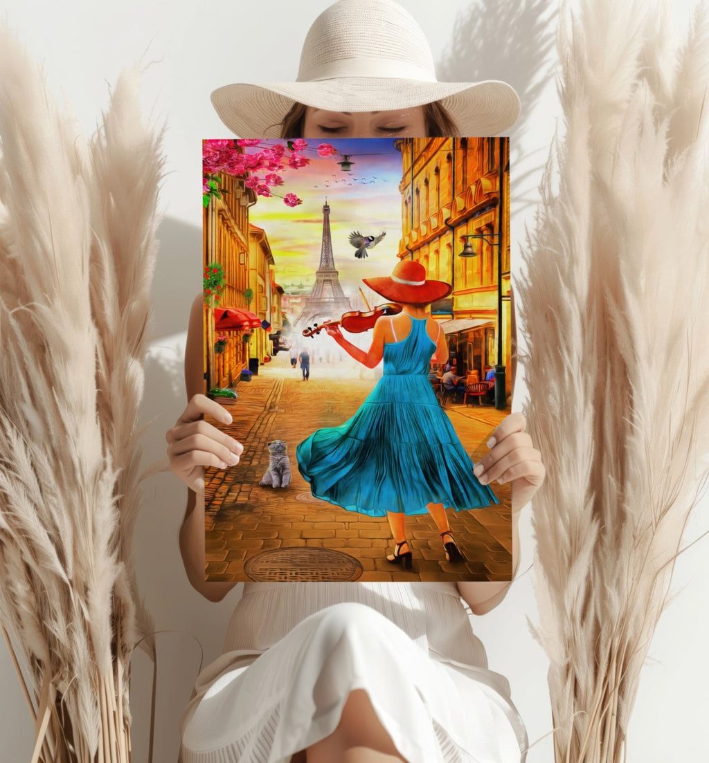 Violinist In Teal Dress Paris Street Aluminum Print