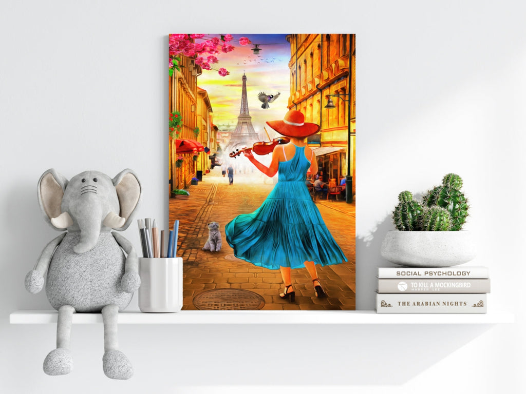 Violinist In Teal Dress Paris Street Aluminum Print