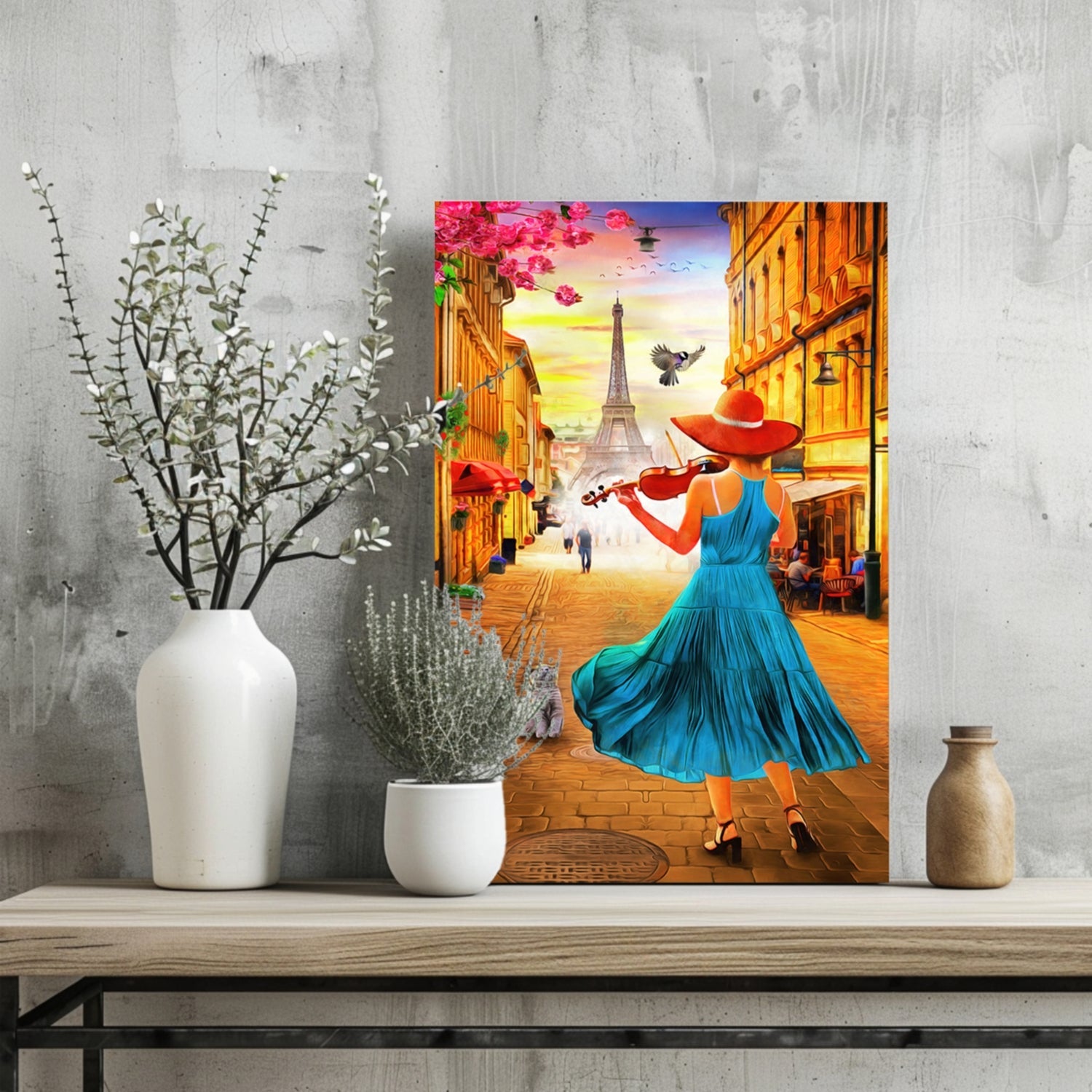 Violinist In Teal Dress Paris Street Aluminum Print