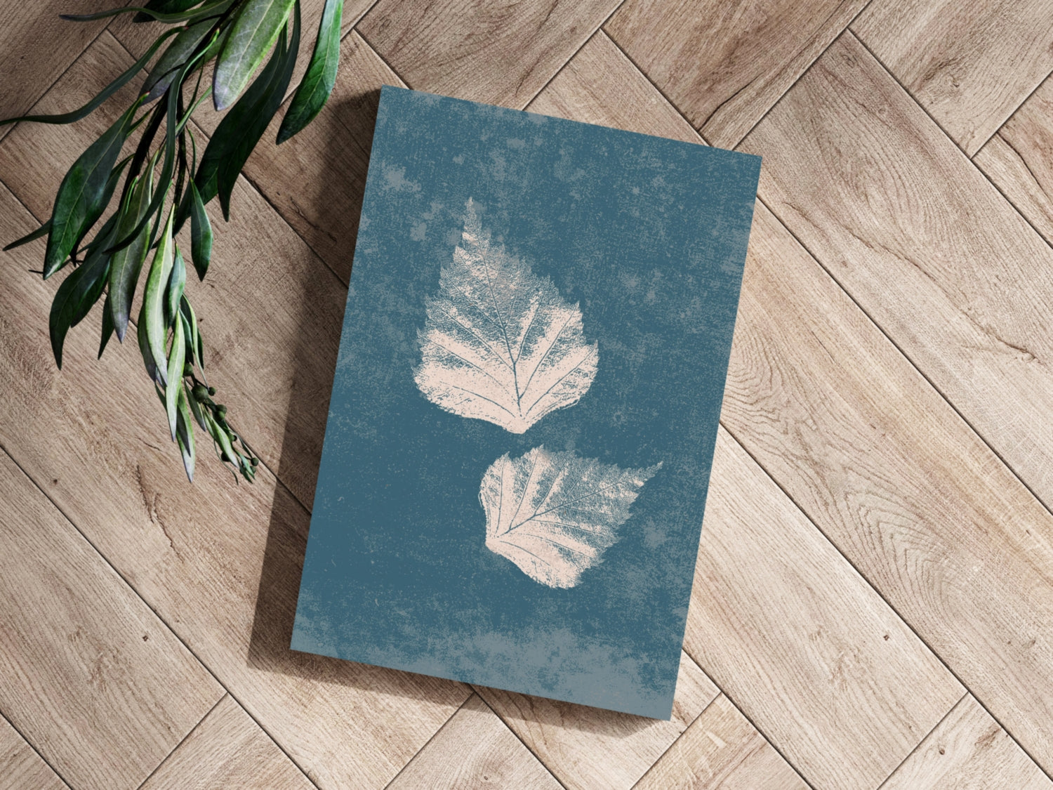 Two Cream Leaf Prints on Blue Grunge Aluminum Print