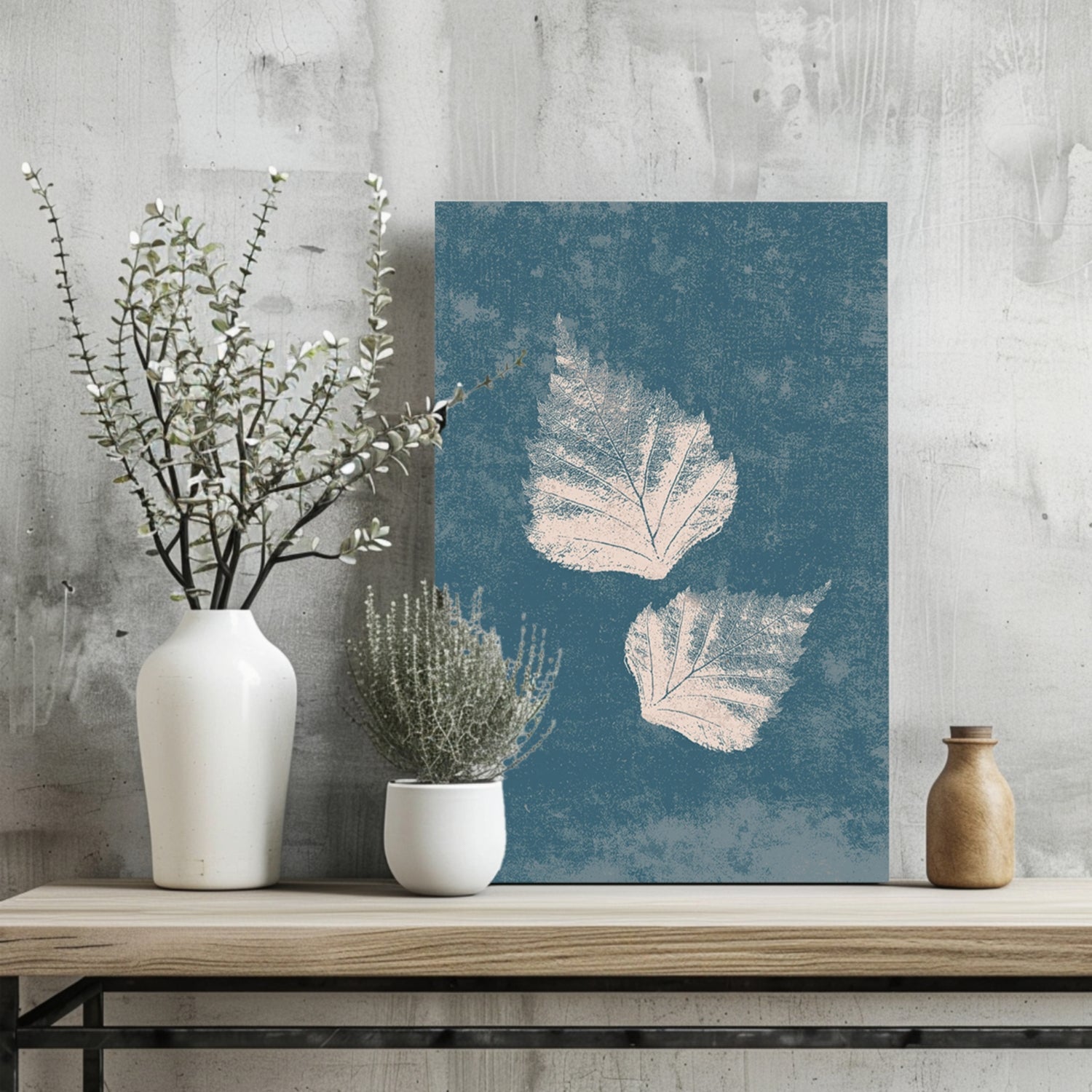 Two Cream Leaf Prints on Blue Grunge Aluminum Print