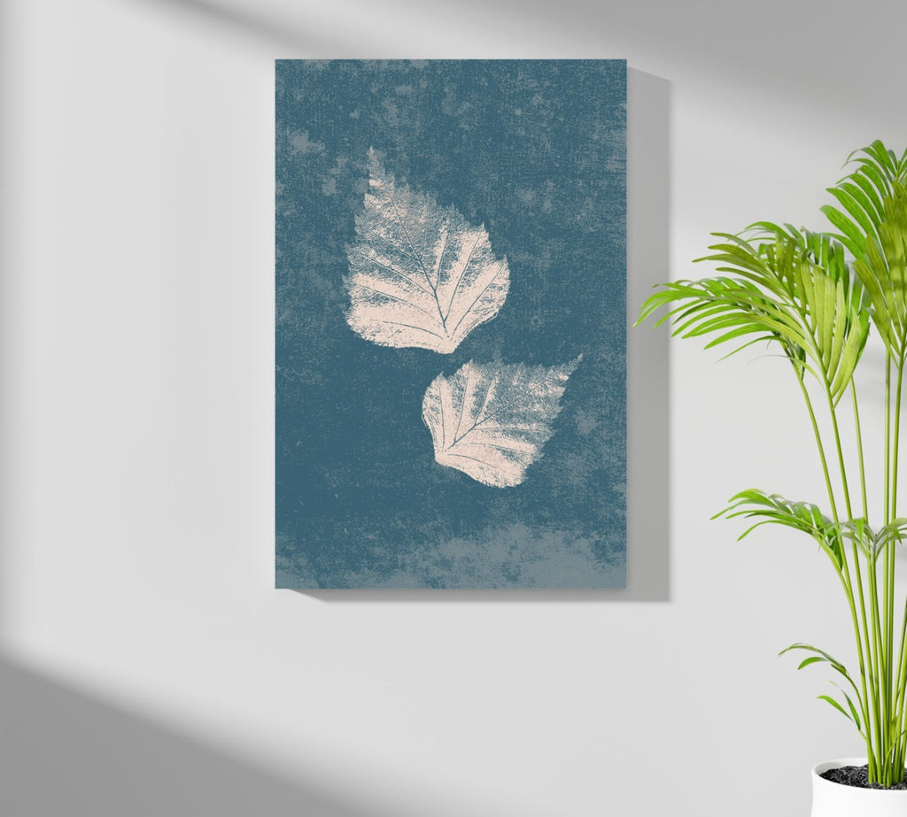 Two Cream Leaf Prints on Blue Grunge Aluminum Print