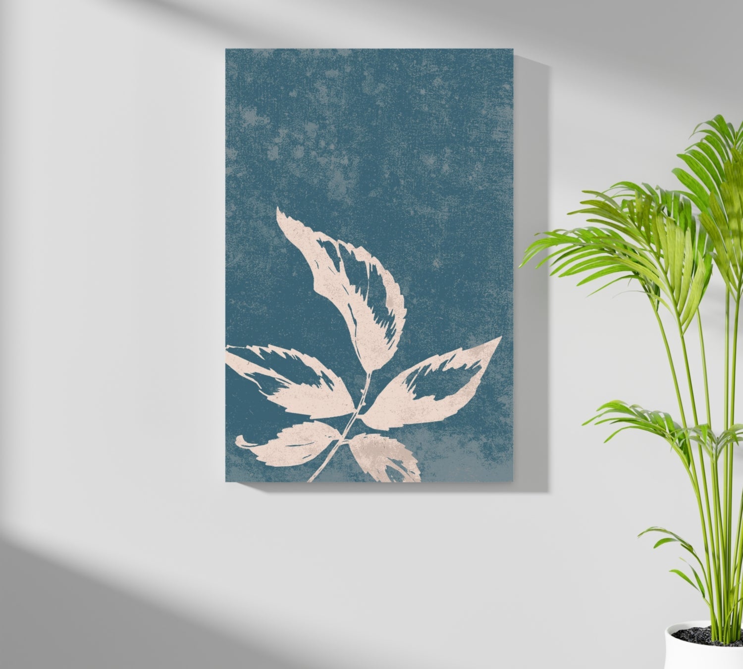 Cream Leaf Branch on Blue Grunge Aluminum Print