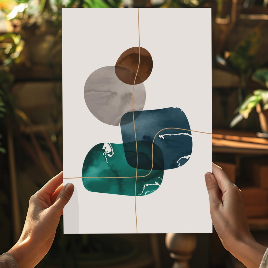 Teal Navy Rounded Shapes Gold Grid Lines Aluminum Print