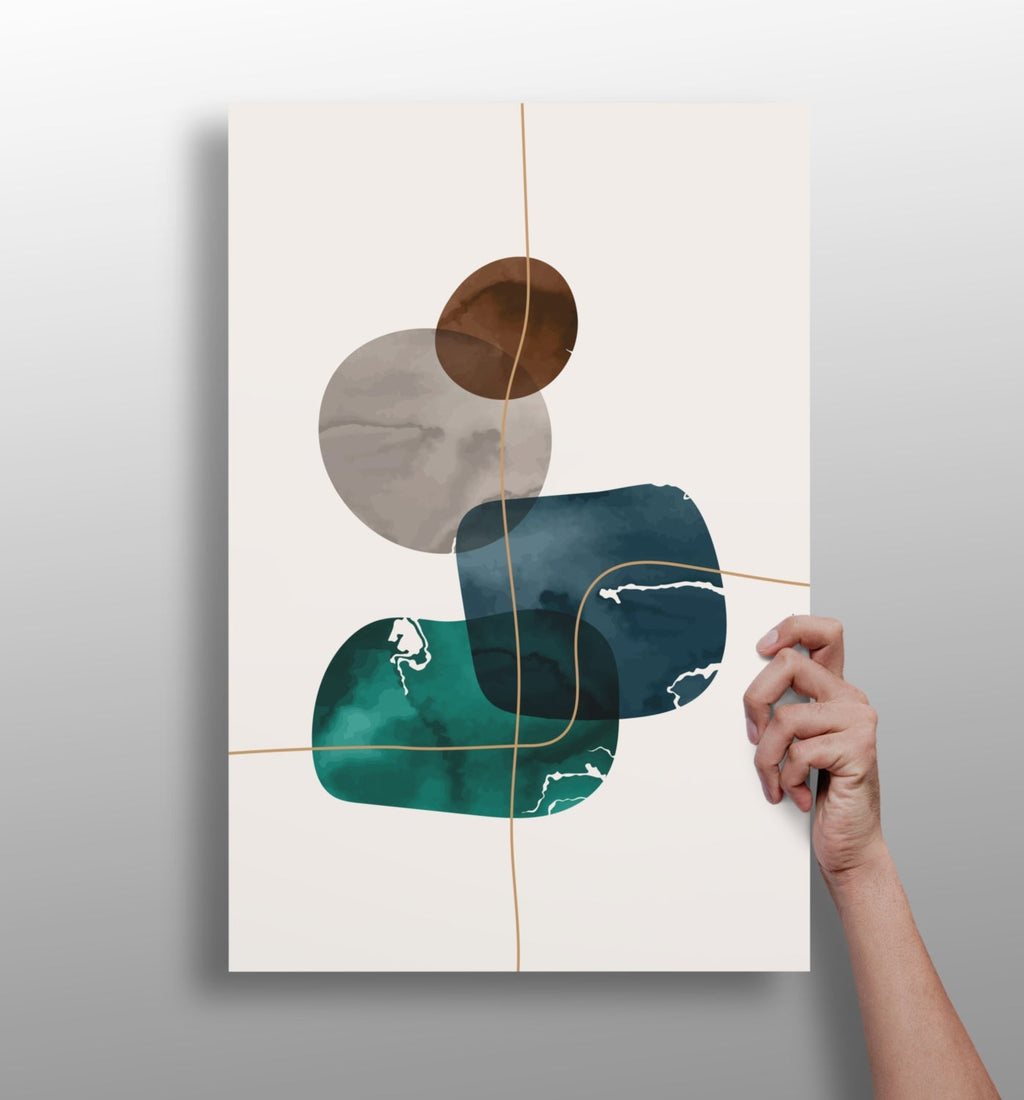 Teal Navy Rounded Shapes Gold Grid Lines Aluminum Print