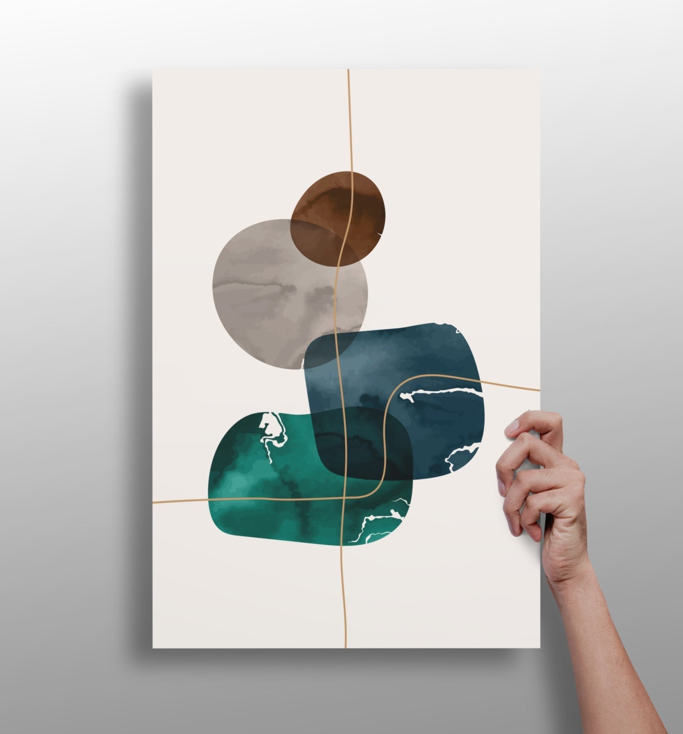 Teal Navy Rounded Shapes Gold Grid Lines Aluminum Print