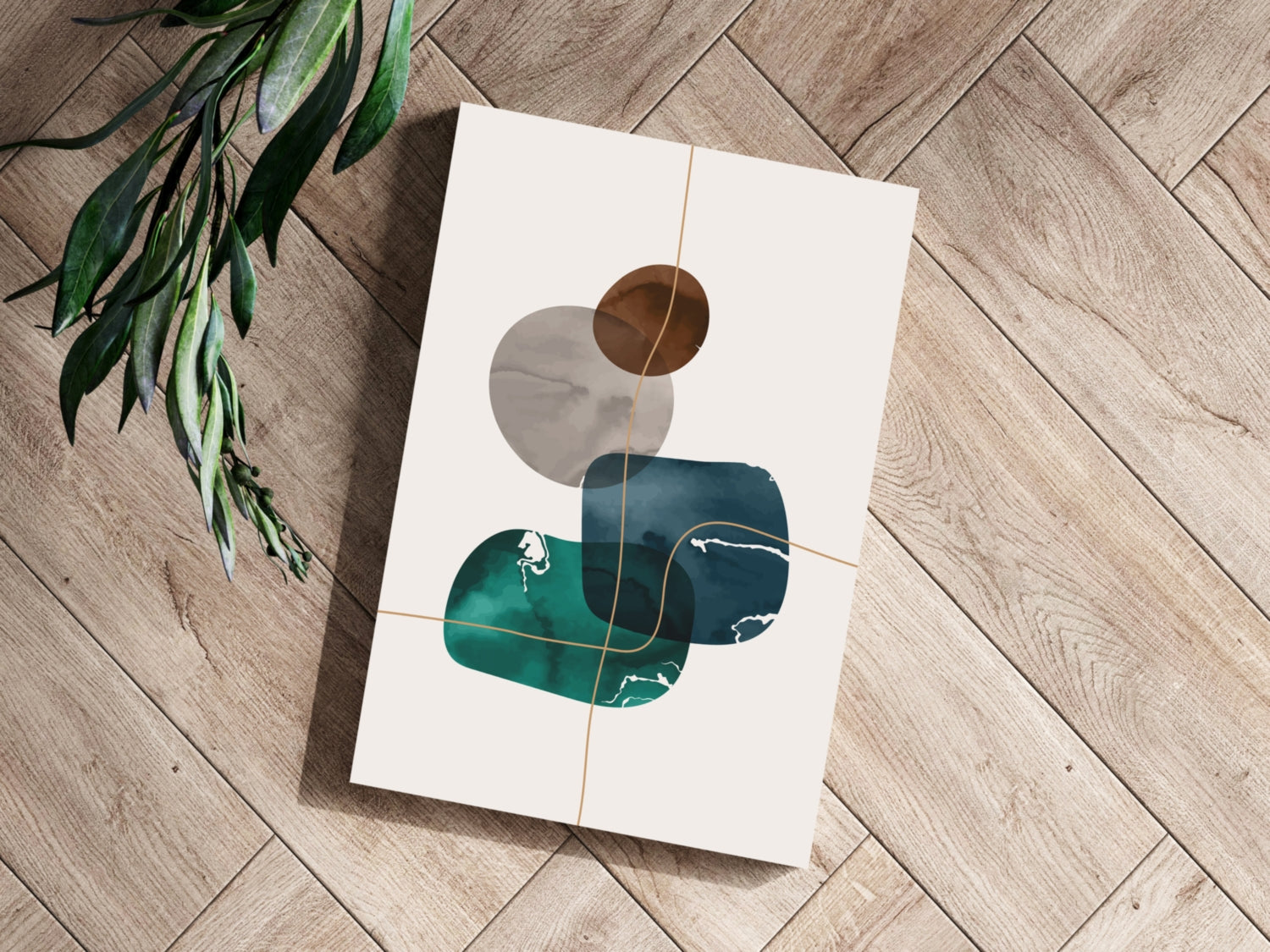 Teal Navy Rounded Shapes Gold Grid Lines Aluminum Print