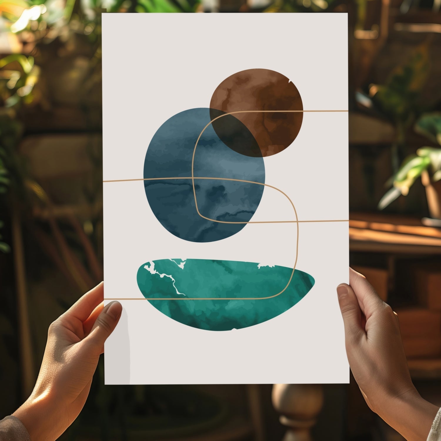 Brown Navy Teal Circles Gold Line Grid Aluminum Print