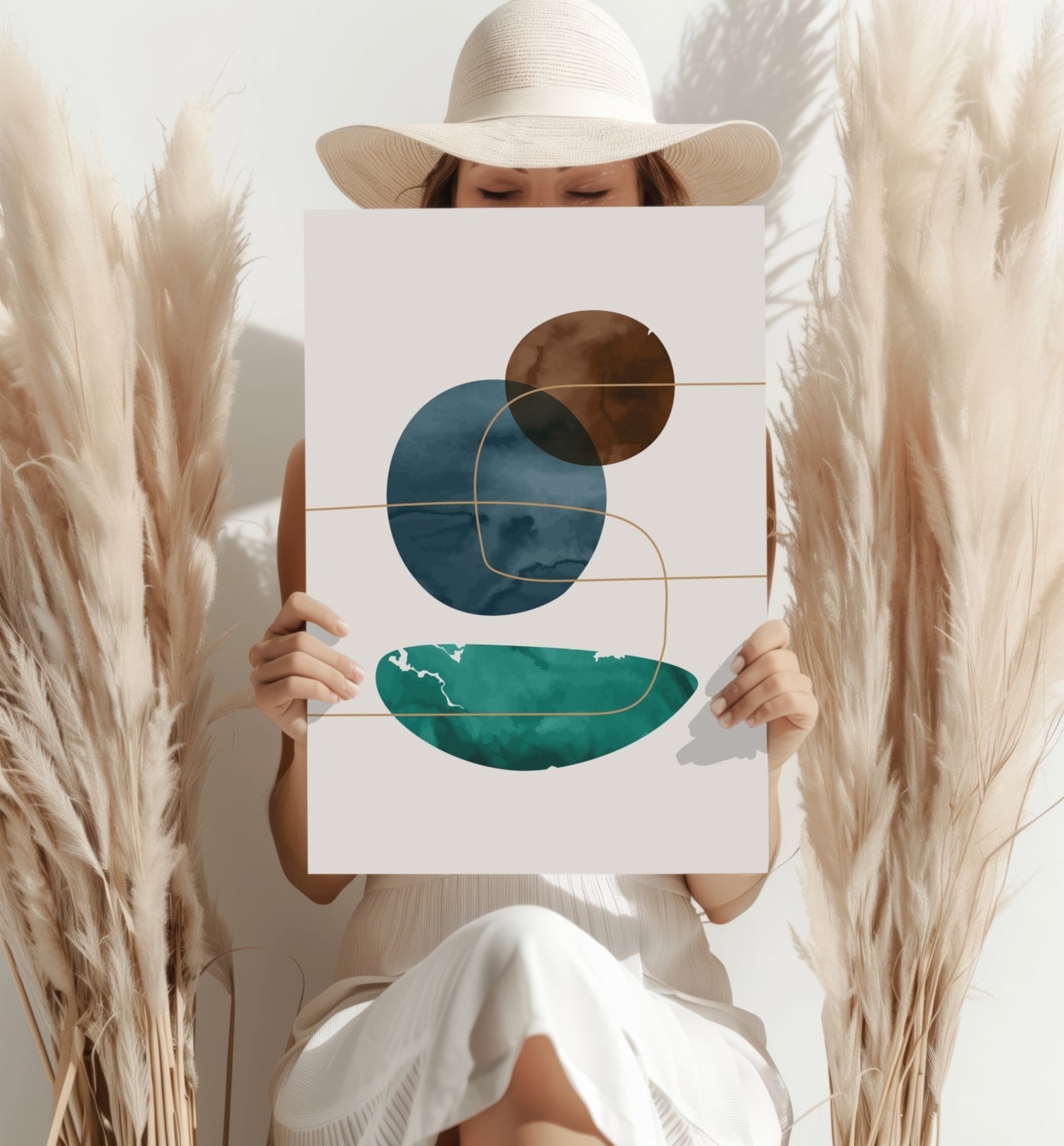 Brown Navy Teal Circles Gold Line Grid Aluminum Print