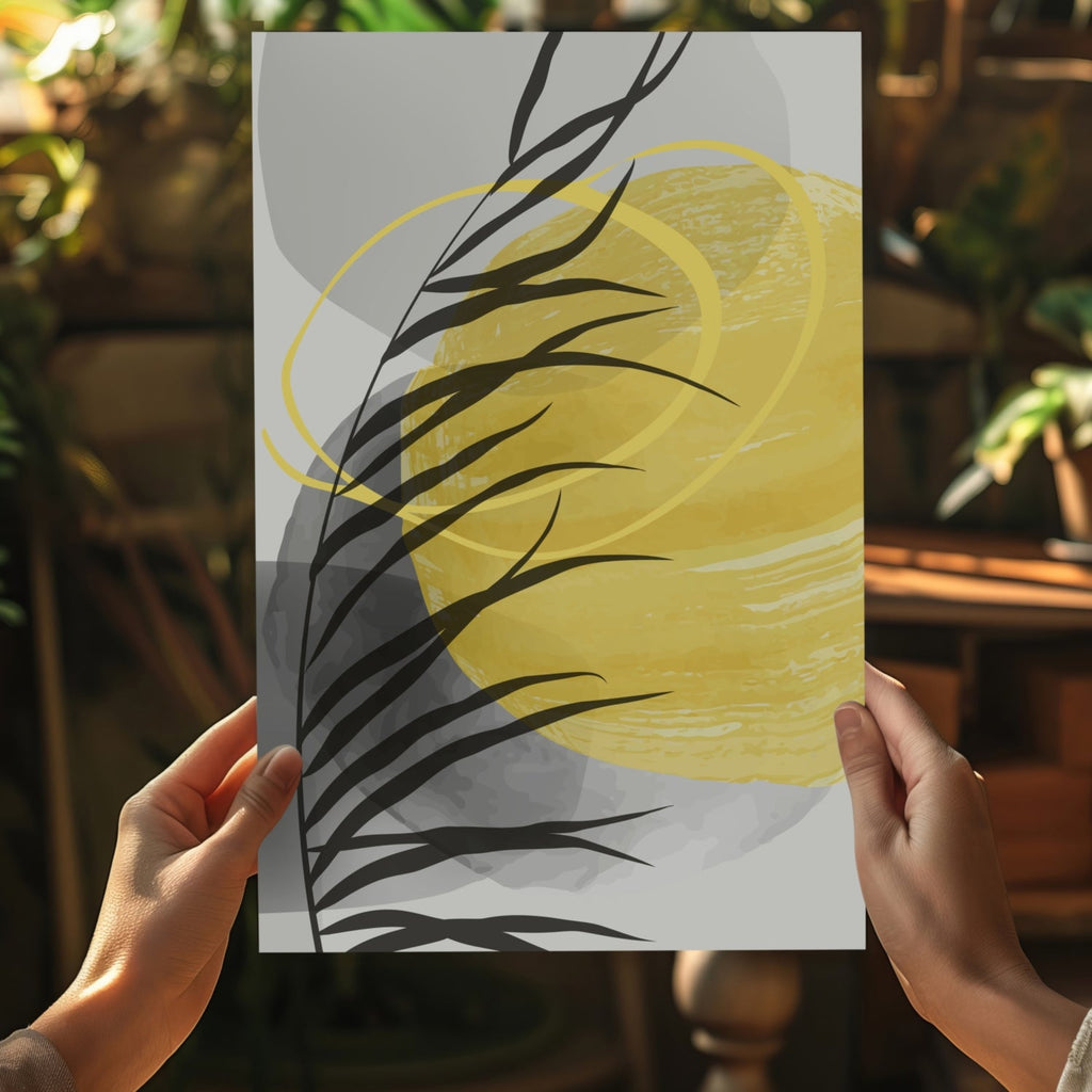 Yellow Sun Black Palm Frond Gray Circles Aluminum Print
