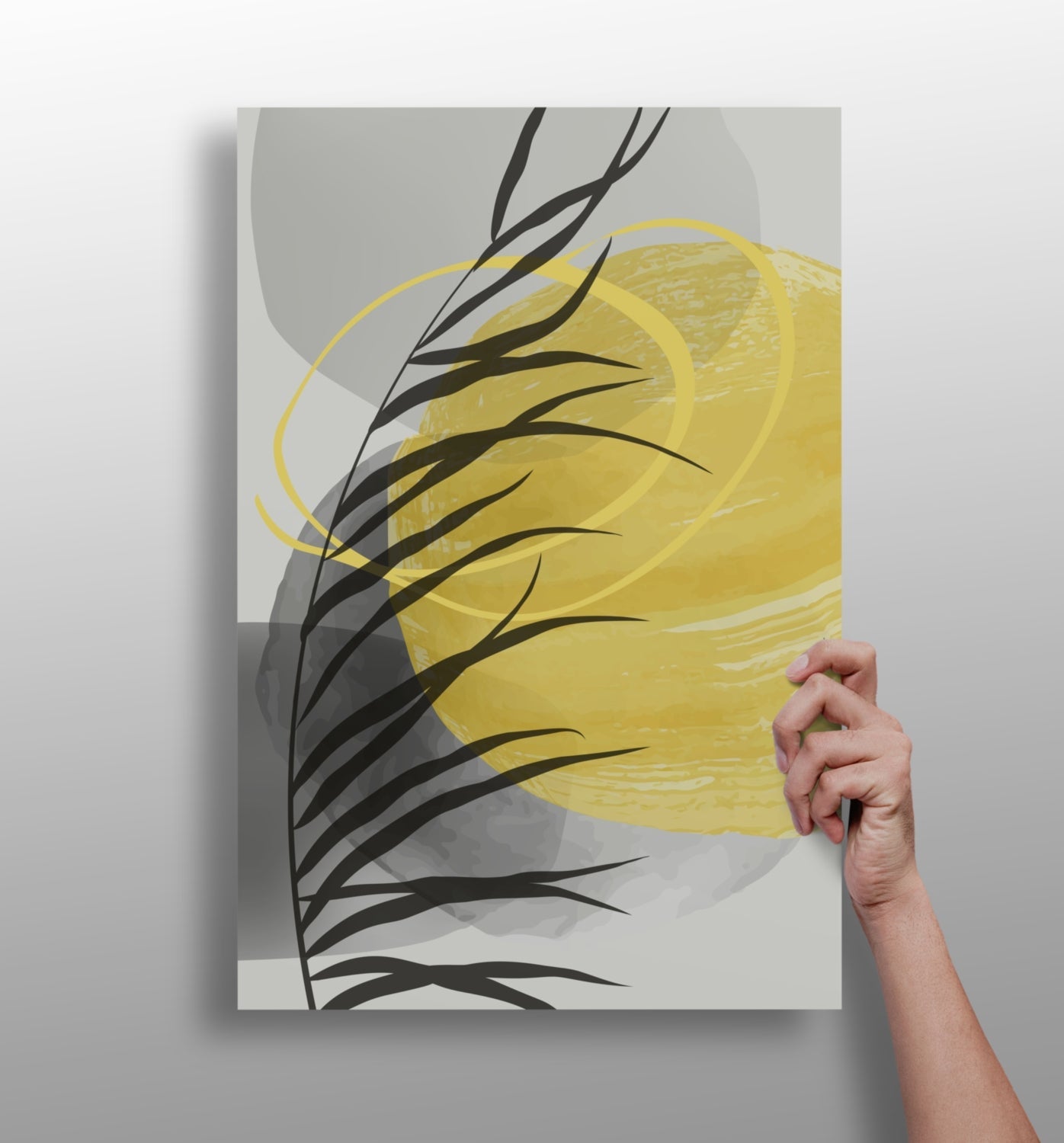 Yellow Sun Black Palm Frond Gray Circles Aluminum Print